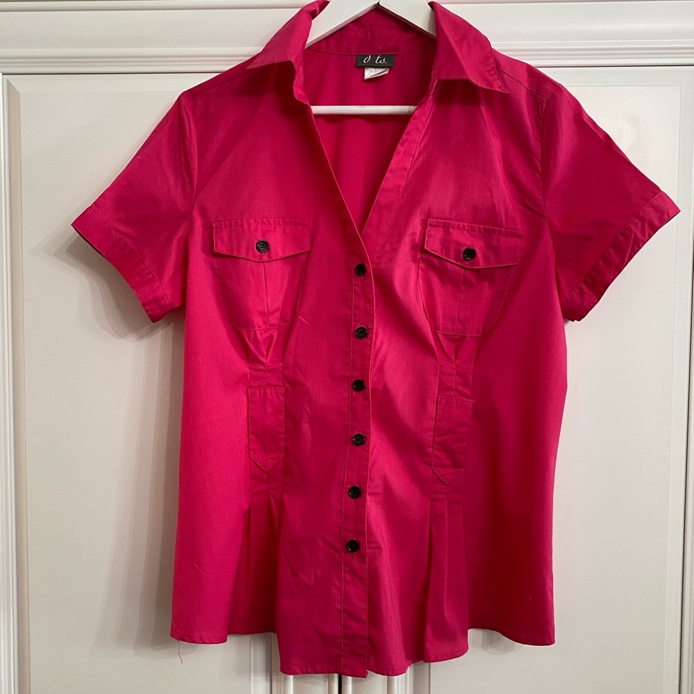 Dots Women’s Sz Large Fuchsia Short Sleeve Fitted Cotton Blouse Collar Button Up